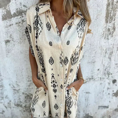 Women's Printed Shirt Dress Button Up Loose Fit Short Sleeve Casual Mini Dress with Pockets