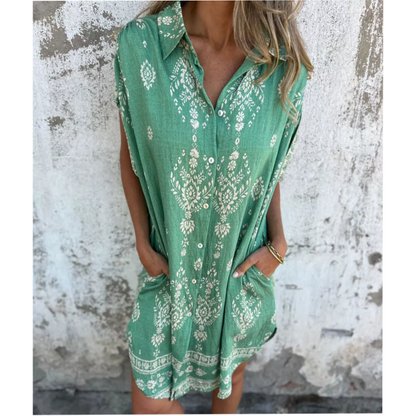 Women's Printed Shirt Dress Button Up Loose Fit Short Sleeve Casual Mini Dress with Pockets