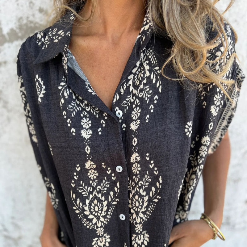 Women's Printed Shirt Dress Button Up Loose Fit Short Sleeve Casual Mini Dress with Pockets - Seldom Seen Styles
