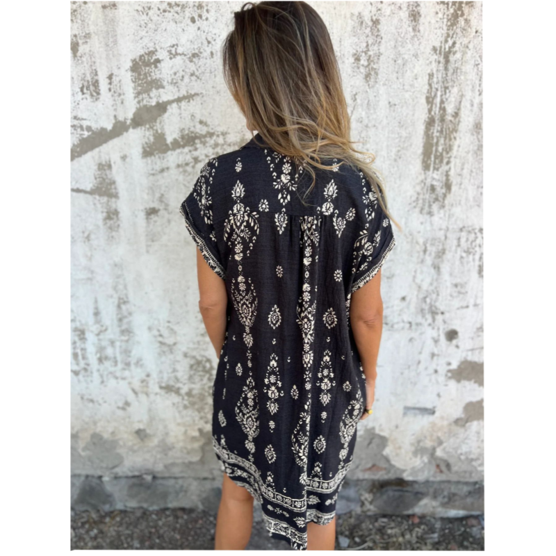 Women's Printed Shirt Dress Button Up Loose Fit Short Sleeve Casual Mini Dress with Pockets - Seldom Seen Styles