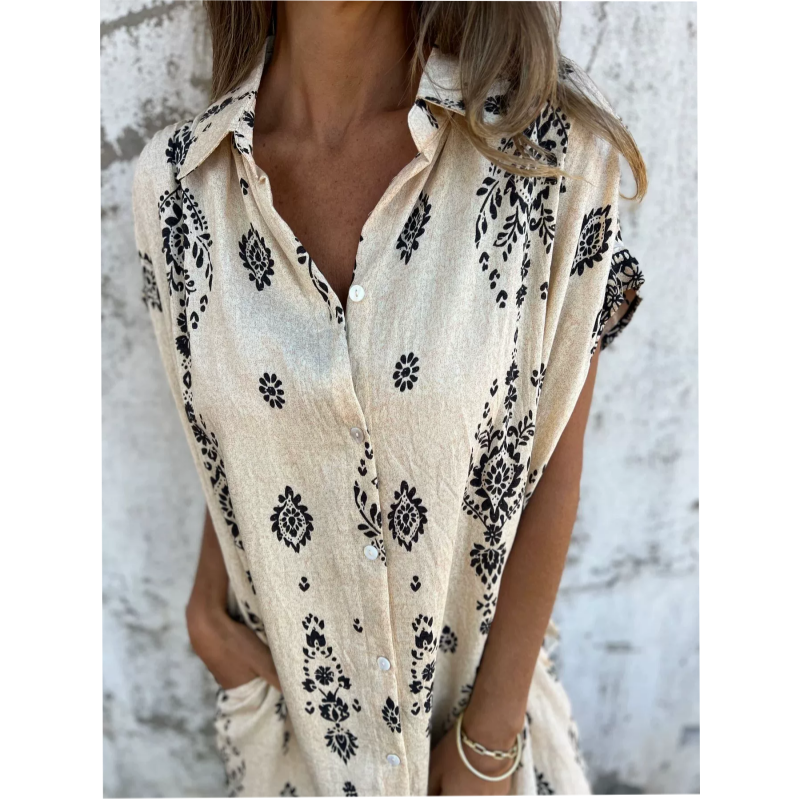 Women's Printed Shirt Dress Button Up Loose Fit Short Sleeve Casual Mini Dress with Pockets - Seldom Seen Styles