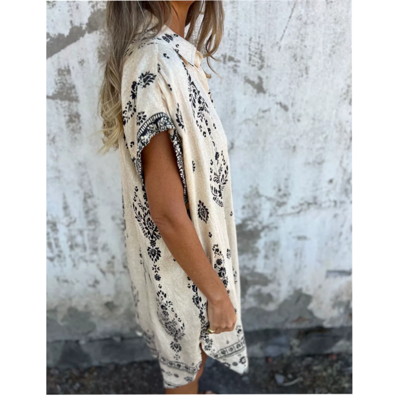 Women's Printed Shirt Dress Button Up Loose Fit Short Sleeve Casual Mini Dress with Pockets - Seldom Seen Styles