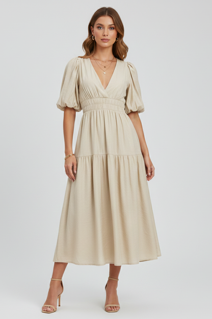 Women's Puff Sleeve V-Neck Tiered Smocked Waist Midi Dress