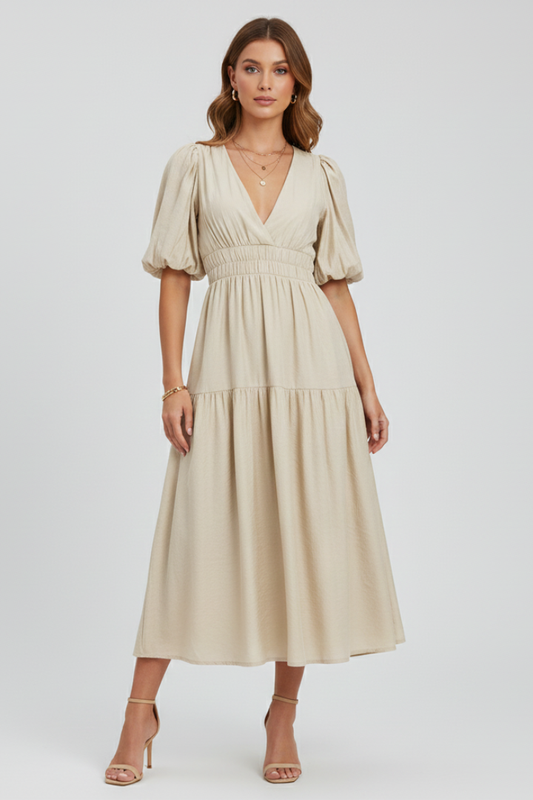Women's Puff Sleeve V-Neck Tiered Smocked Waist Midi Dress - Seldom Seen Styles