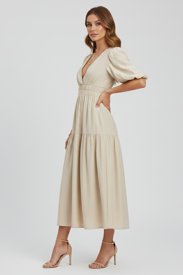 Women's Puff Sleeve V-Neck Tiered Smocked Waist Midi Dress - Seldom Seen Styles