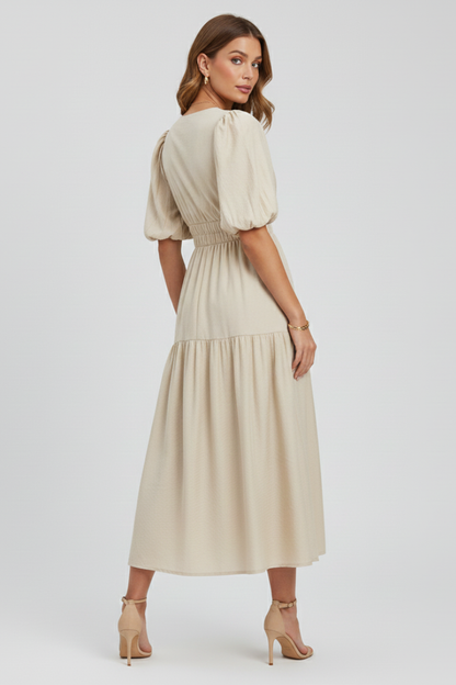 Women's Puff Sleeve V-Neck Tiered Smocked Waist Midi Dress