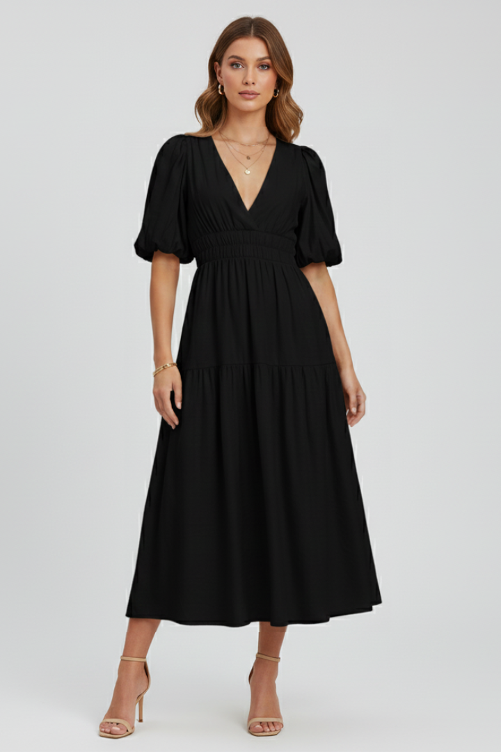Women's Puff Sleeve V-Neck Tiered Smocked Waist Midi Dress - Seldom Seen Styles