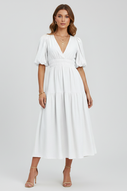 Women's Puff Sleeve V-Neck Tiered Smocked Waist Midi Dress