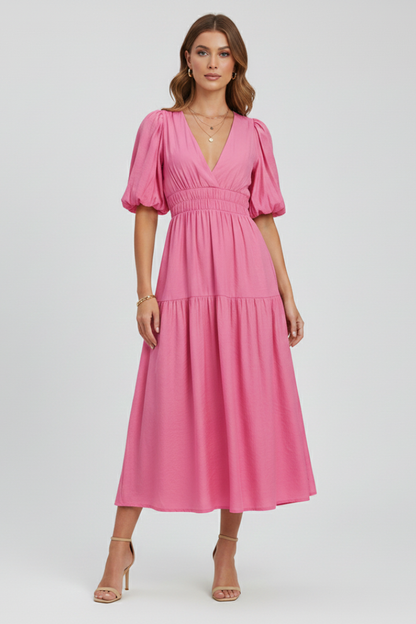 Women's Puff Sleeve V-Neck Tiered Smocked Waist Midi Dress