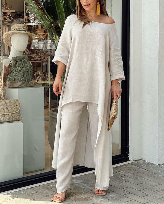 Women's Pure Linen Two Piece Set Long Sleeve Tunic Blouse Wide Leg Pants Modest Elegant Casual Summer Beach Vacation Outfit - Seldom Seen Styles