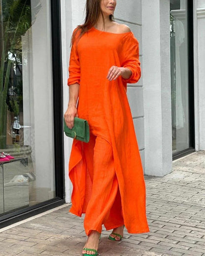 Women's Pure Linen Two Piece Set Long Sleeve Tunic Blouse Wide Leg Pants Modest Elegant Casual Summer Beach Vacation Outfit