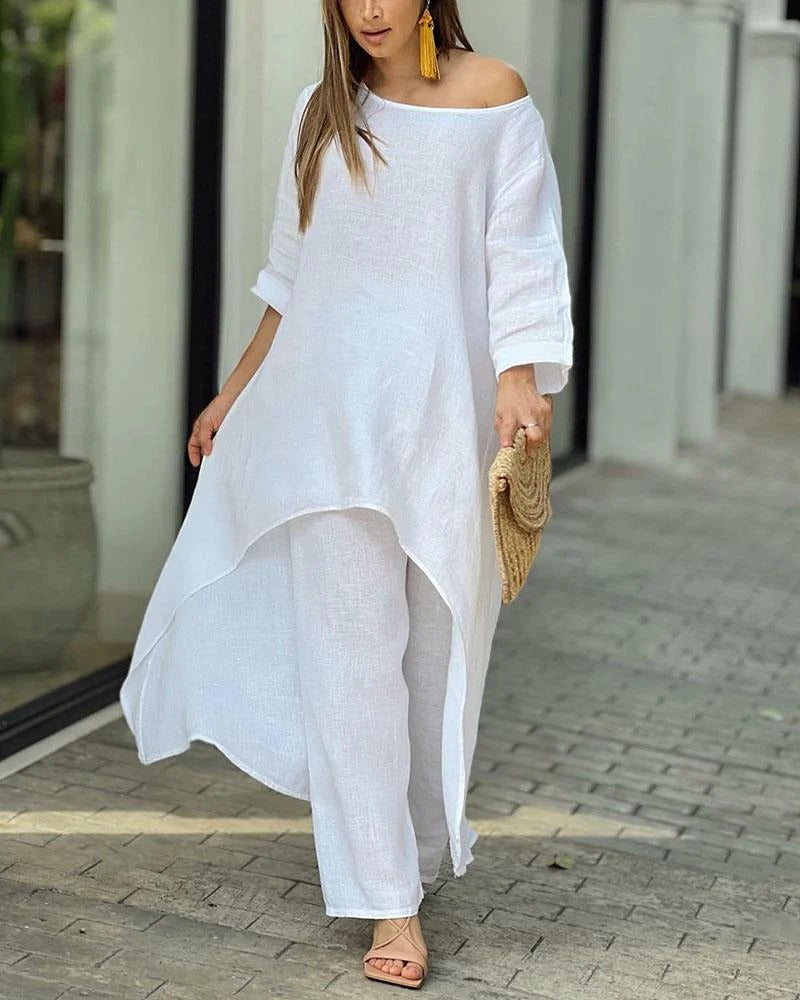 Women's Pure Linen Two Piece Set Long Sleeve Tunic Blouse Wide Leg Pants Modest Elegant Casual Summer Beach Vacation Outfit - Seldom Seen Styles