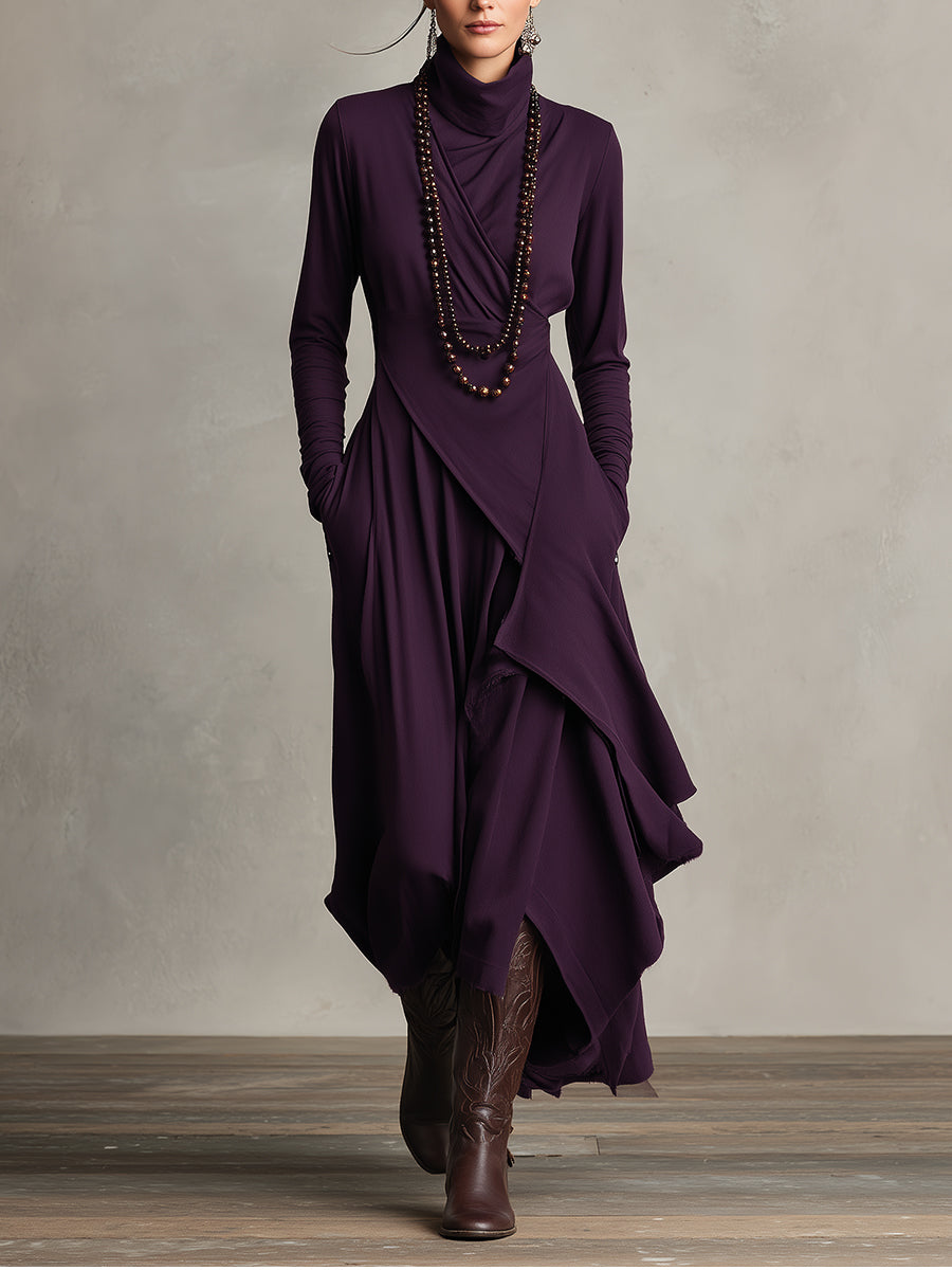 Women's Purple Bohemian Cotton Stretch Turtleneck Asymmetrical Draped Maxi Dress MDA2055J9I - Seldom Seen Styles