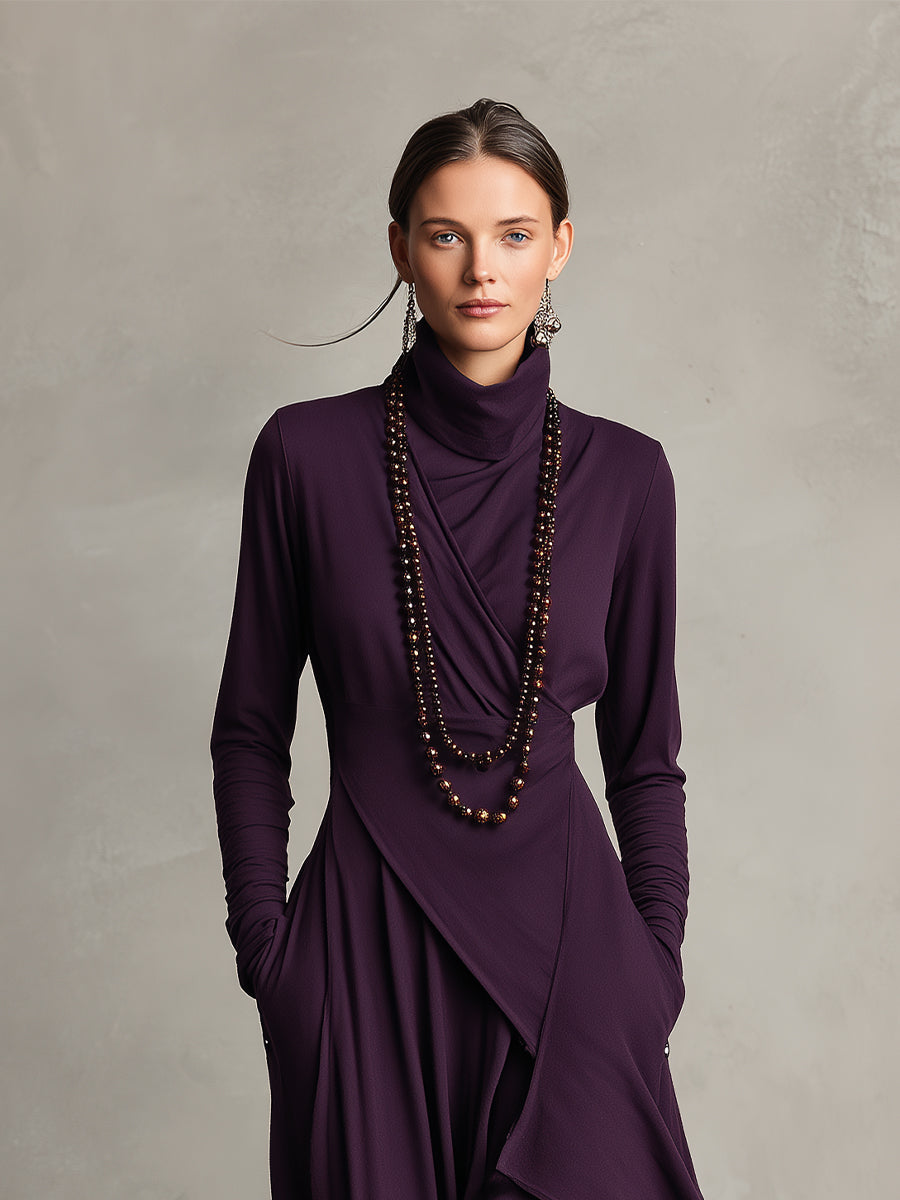 Women's Purple Bohemian Cotton Stretch Turtleneck Asymmetrical Draped Maxi Dress MDA2055J9I - Seldom Seen Styles