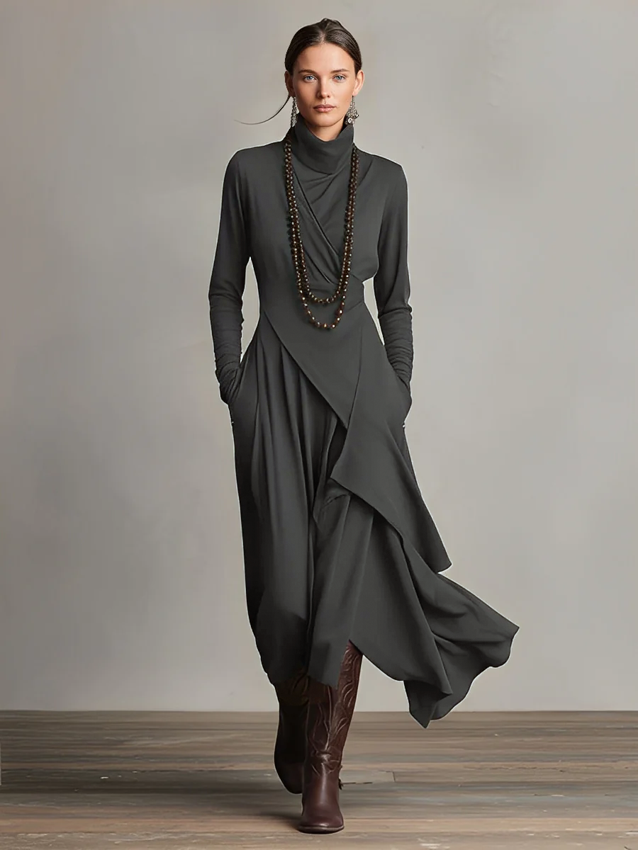 Women's Purple Bohemian Cotton Stretch Turtleneck Asymmetrical Draped Maxi Dress MDA2055J9I - Seldom Seen Styles