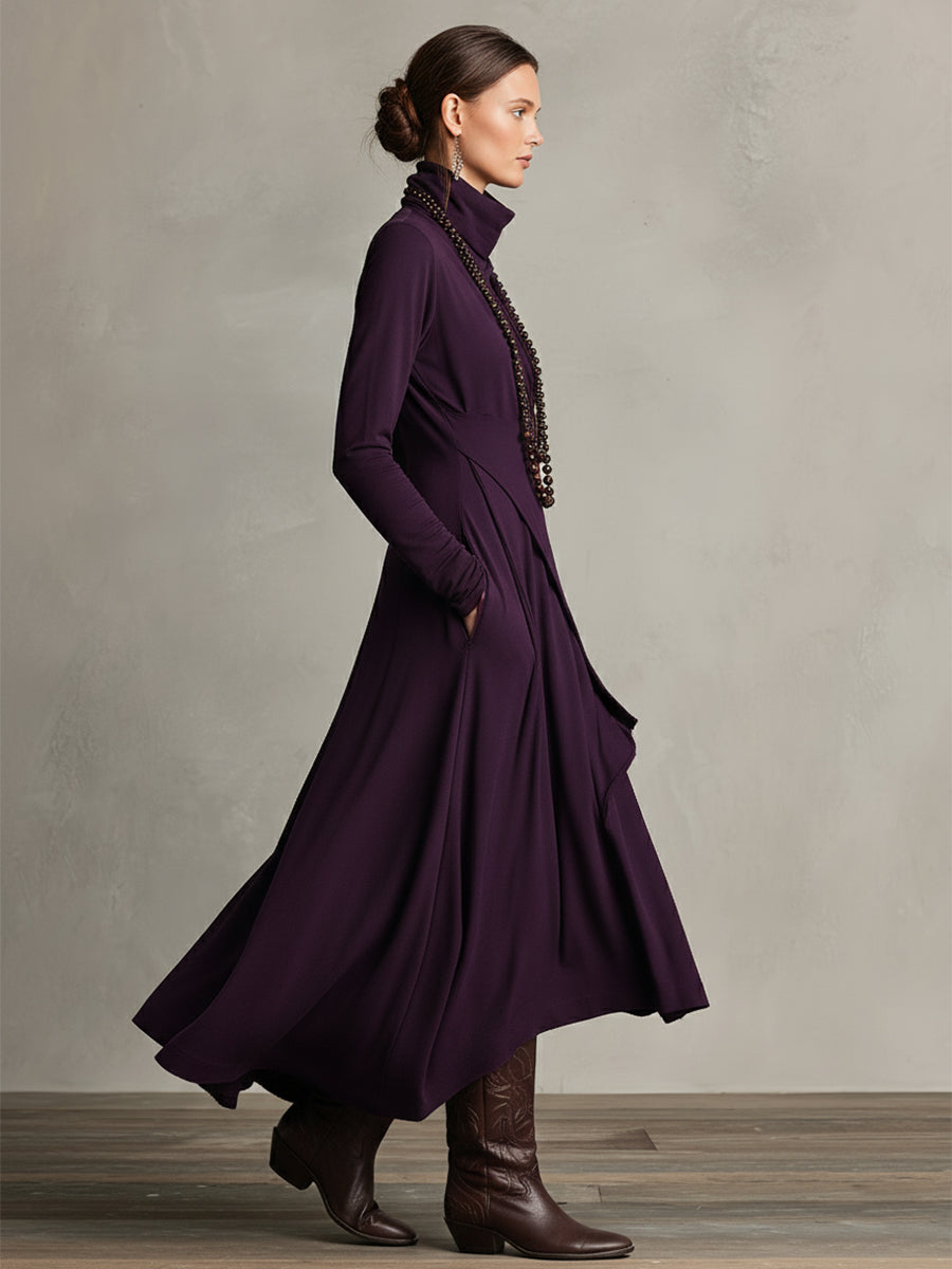 Women's Purple Bohemian Cotton Stretch Turtleneck Asymmetrical Draped Maxi Dress MDA2055J9I - Seldom Seen Styles