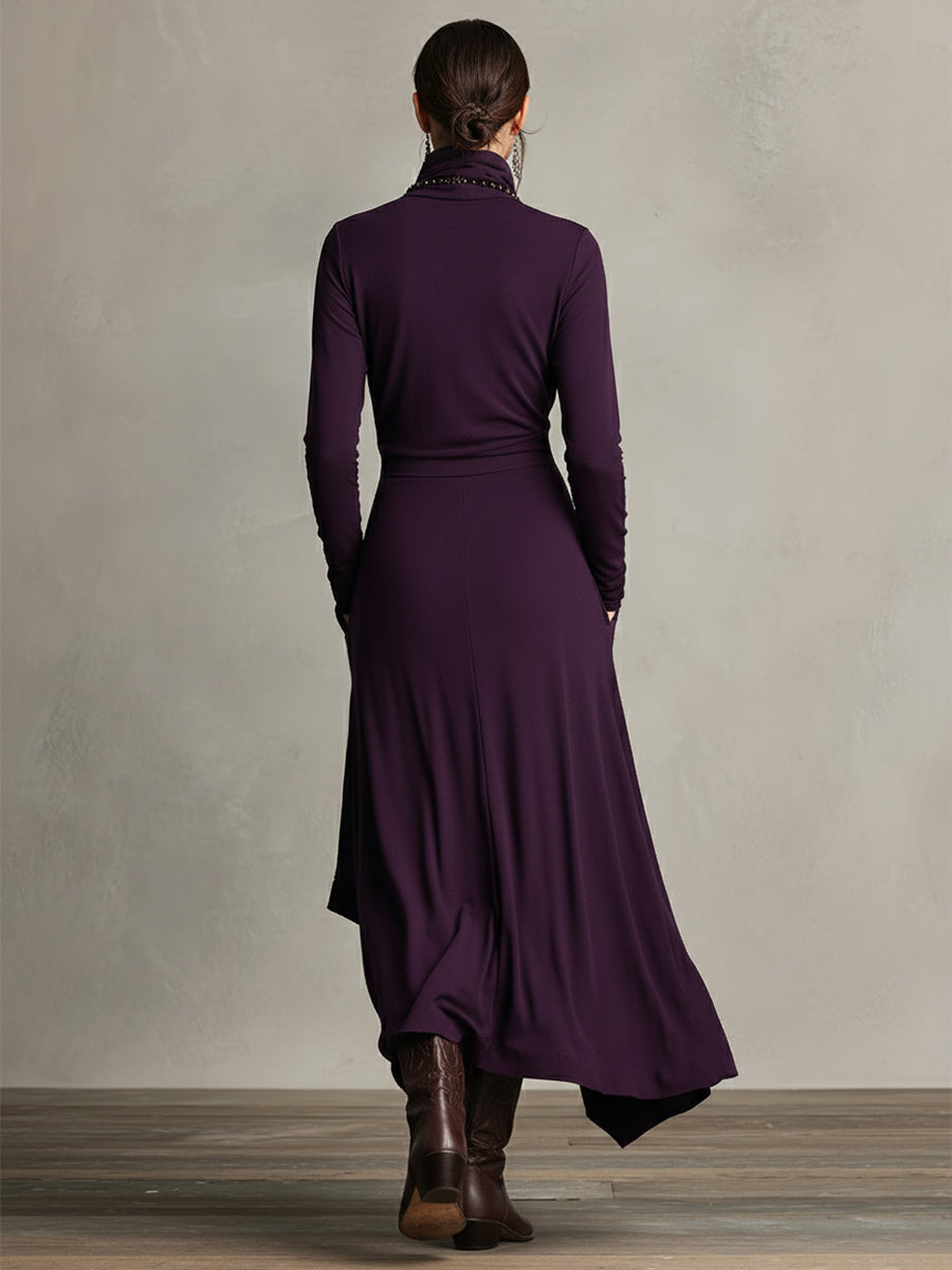 Women's Purple Bohemian Cotton Stretch Turtleneck Asymmetrical Draped Maxi Dress MDA2055J9I - Seldom Seen Styles