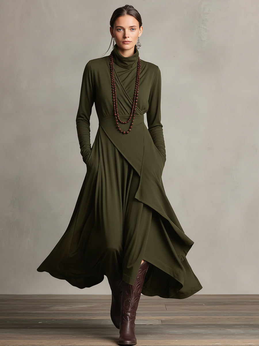 Women's Purple Bohemian Cotton Stretch Turtleneck Asymmetrical Draped Maxi Dress MDA2055J9I - Seldom Seen Styles