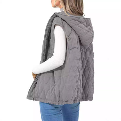 Damen Steppweste Lässige Ärmellose Kapuzenweste mit Reißverschluss, Rautenmuster, Jacke mit Taschen, Wintermantel, Oberbekleidung, Minimalistisches Top