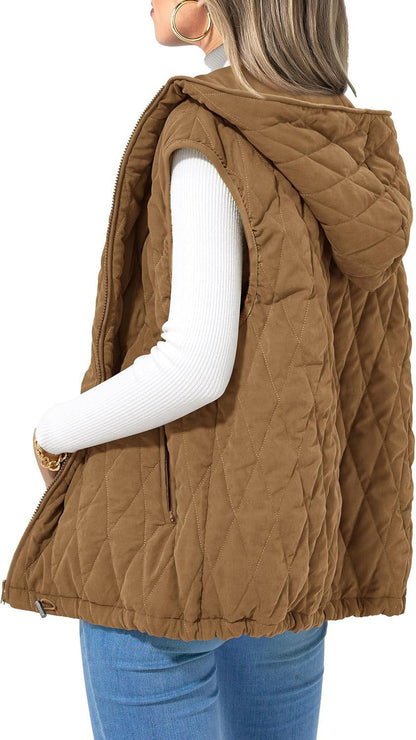 Damen Steppweste Lässige Ärmellose Kapuzenweste mit Reißverschluss, Rautenmuster, Jacke mit Taschen, Wintermantel, Oberbekleidung, Minimalistisches Top