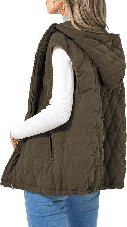 Damen Steppweste Lässige Ärmellose Kapuzenweste mit Reißverschluss, Rautenmuster, Jacke mit Taschen, Wintermantel, Oberbekleidung, Minimalistisches Top