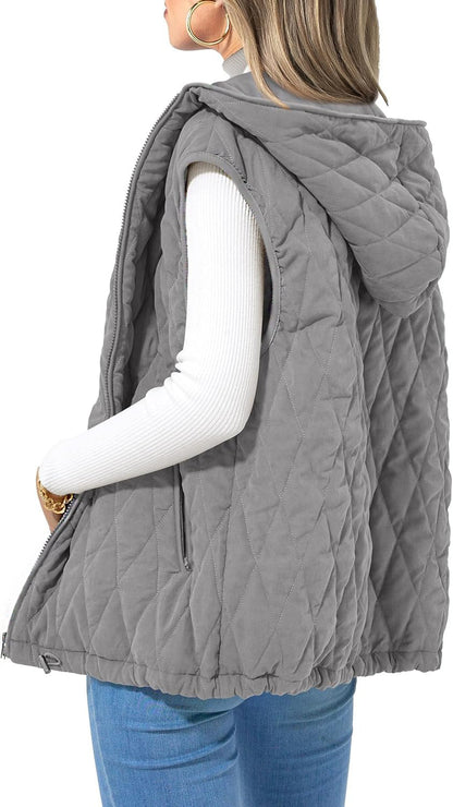 Damen Steppweste Lässige Ärmellose Kapuzenweste mit Reißverschluss, Rautenmuster, Jacke mit Taschen, Wintermantel, Oberbekleidung, Minimalistisches Top