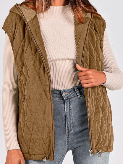 Damen Steppweste Lässige Ärmellose Kapuzenweste mit Reißverschluss, Rautenmuster, Jacke mit Taschen, Wintermantel, Oberbekleidung, Minimalistisches Top