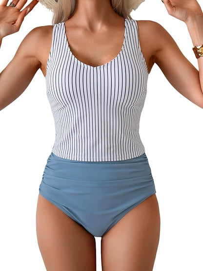 Women's Racerback One Piece Swimsuit Ruched Waist Side Cutout Tummy Control Summer Beach Vacation Bathing Suit