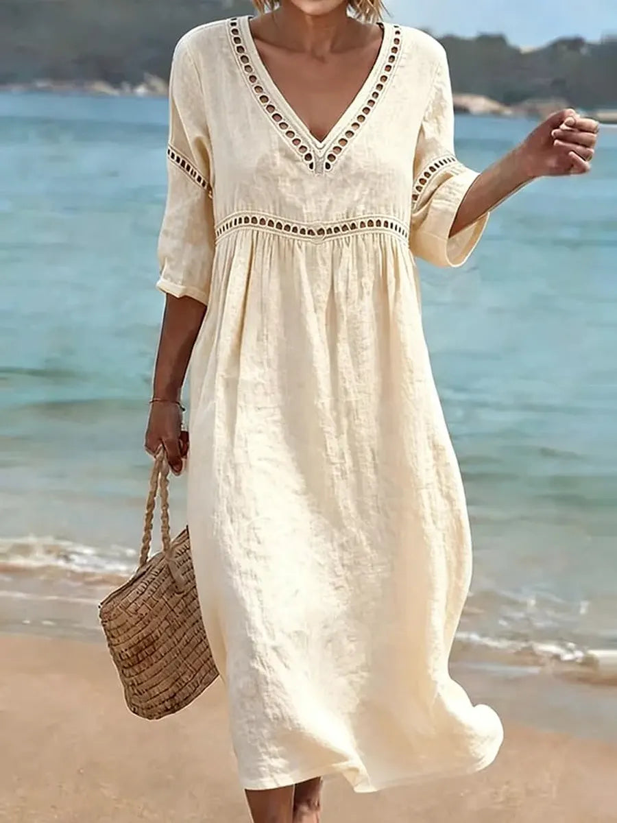 Women's Retro Casual Cotton Dress – Stylish Solid Color Vacation Dress - Seldom Seen Styles