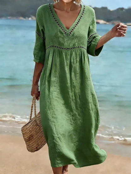 Women's Retro Casual Cotton Dress – Stylish Solid Color Vacation Dress
