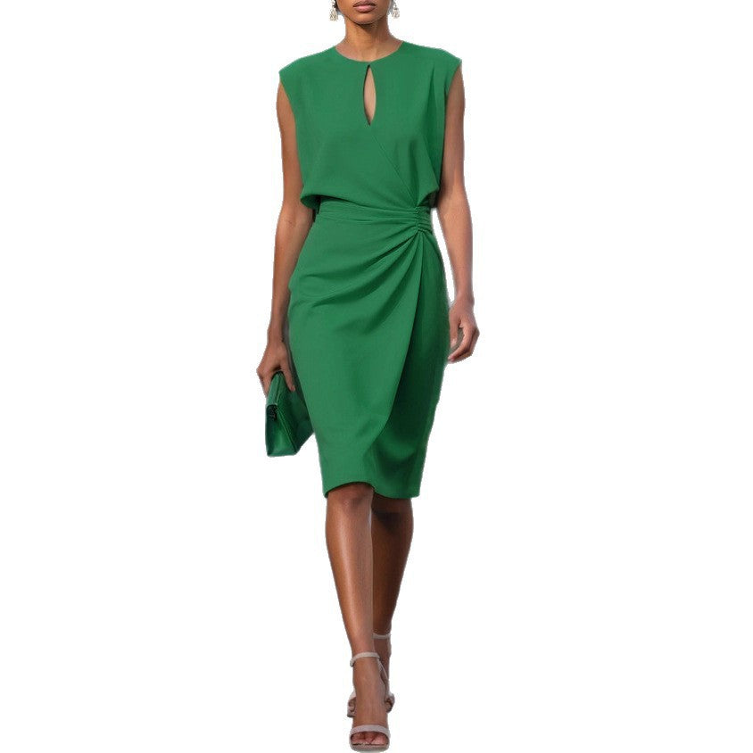 Women's Retro Cross Hollow Knot Round Neck Solid Color Midi Dress Casual Vacation Summer Outfit - Seldom Seen Styles