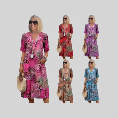 Women's Retro Floral Print V Neck Casual Maxi Dress Loose Fit Vacation Summer Boho Dress Plus Size
