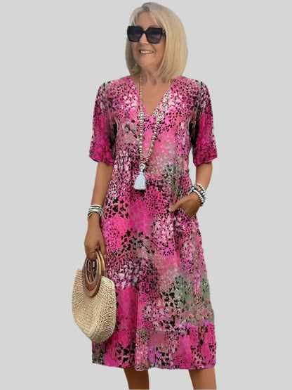 Women's Retro Floral Print V Neck Casual Maxi Dress Loose Fit Vacation Summer Boho Dress Plus Size