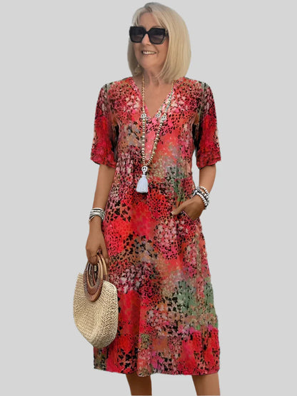 Women's Retro Floral Print V Neck Casual Maxi Dress Loose Fit Vacation Summer Boho Dress Plus Size
