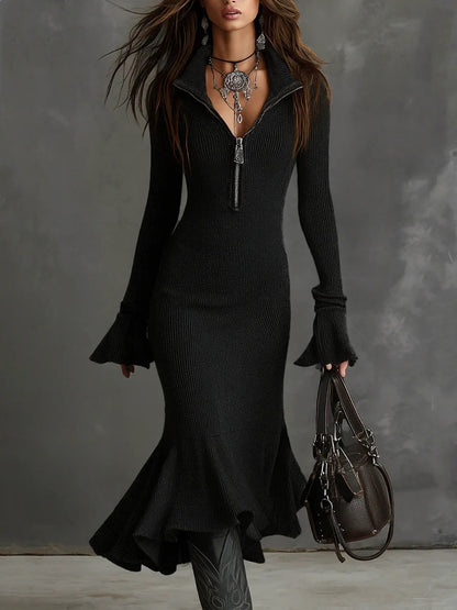 Women's Ribbed Knit Maxi Dress Zip Front Lapel Collar Long Sleeve Mermaid Sweater Dress Elegant Fall Winter Bodycon Dress