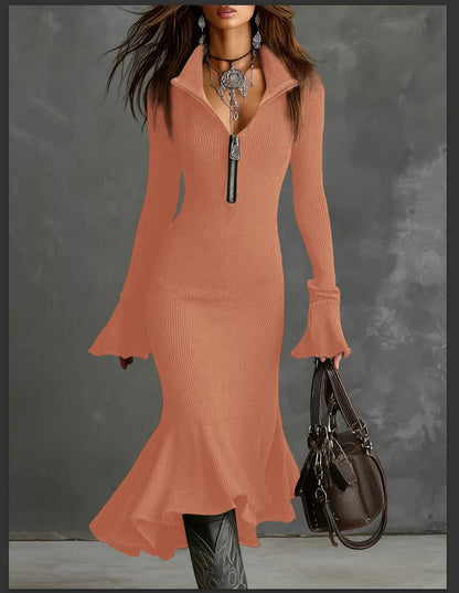 Women's Ribbed Knit Maxi Dress Zip Front Lapel Collar Long Sleeve Mermaid Sweater Dress Elegant Fall Winter Bodycon Dress