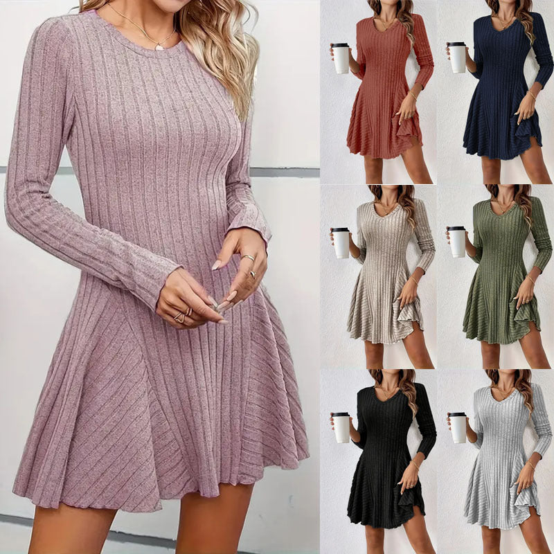 Women's Ribbed Knit Sweater Dress V Neck Long Sleeve Fit and Flare Mini Dress Casual Fall Dress - Seldom Seen Styles