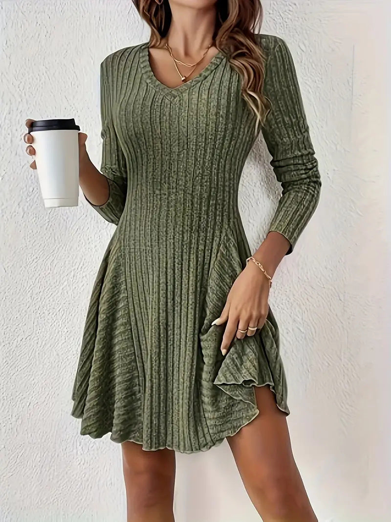 Women's Ribbed Knit Sweater Dress V Neck Long Sleeve Fit and Flare Mini Dress Casual Fall Dress - Seldom Seen Styles