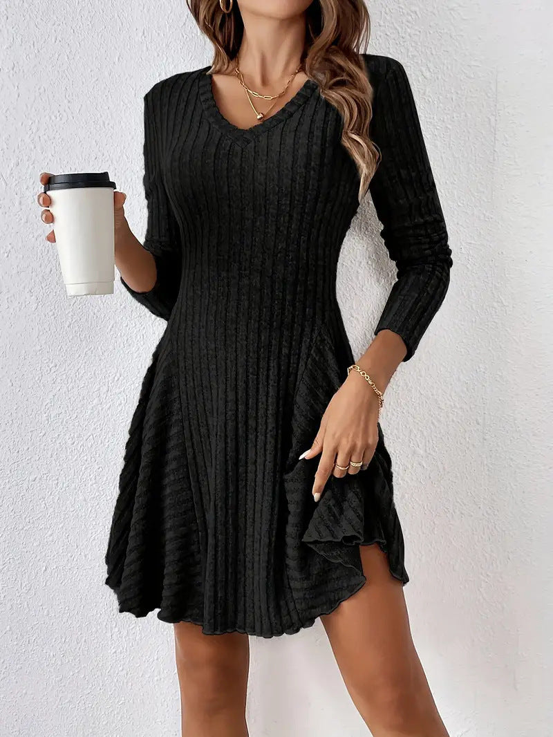 Women's Ribbed Knit Sweater Dress V Neck Long Sleeve Fit and Flare Mini Dress Casual Fall Dress - Seldom Seen Styles