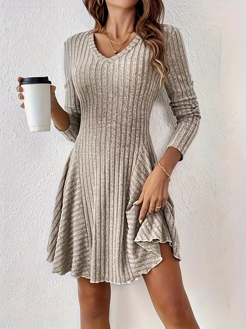 Women's Ribbed Knit Sweater Dress V Neck Long Sleeve Fit and Flare Mini Dress Casual Fall Dress - Seldom Seen Styles