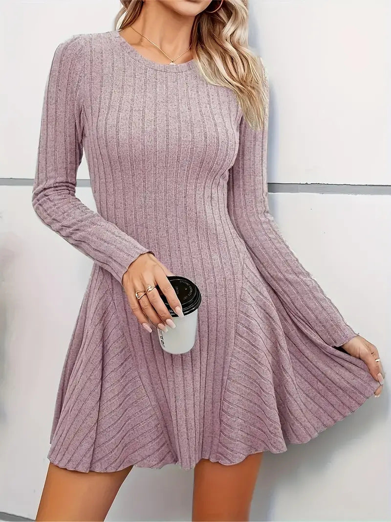 Women's Ribbed Knit Sweater Dress V Neck Long Sleeve Fit and Flare Mini Dress Casual Fall Dress - Seldom Seen Styles