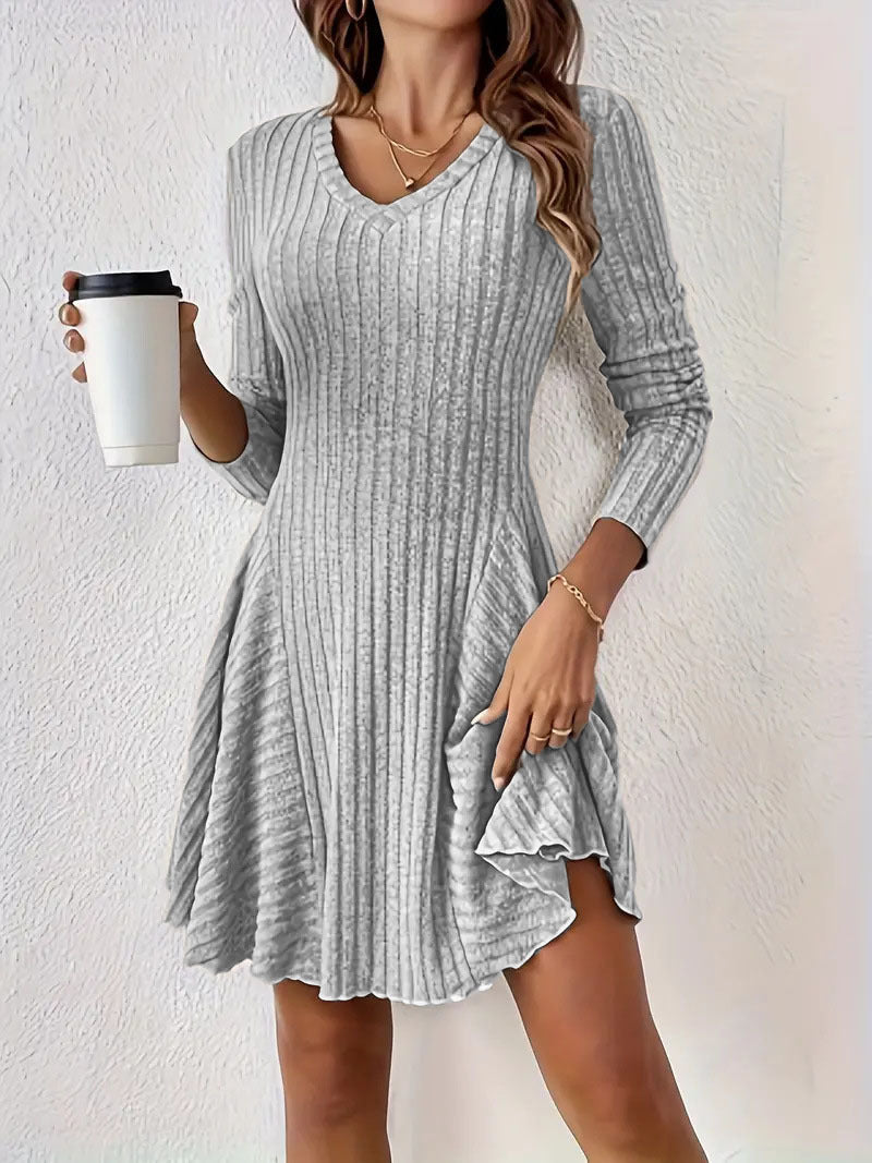Women's Ribbed Knit Sweater Dress V Neck Long Sleeve Fit and Flare Mini Dress Casual Fall Dress - Seldom Seen Styles