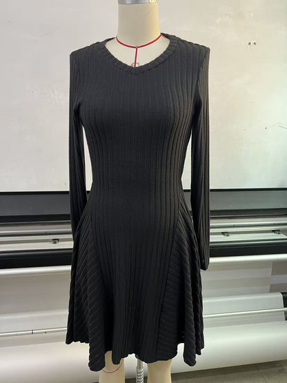 Women's Ribbed Knit Sweater Dress V Neck Long Sleeve Fit and Flare Mini Dress Casual Fall Dress