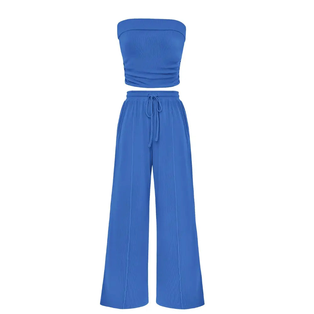 Women's Ribbed Strapless Bandeau Wide Leg Pants Two Piece Set Summer Vacation Outfit - Seldom Seen Styles