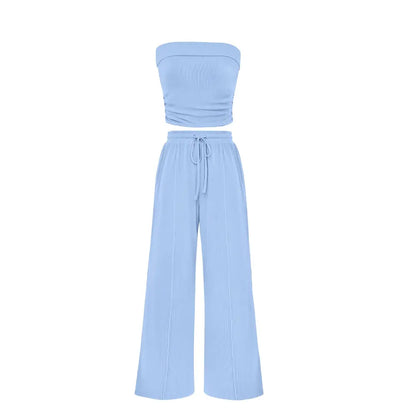 Women's Ribbed Strapless Bandeau Wide Leg Pants Two Piece Set Summer Vacation Outfit