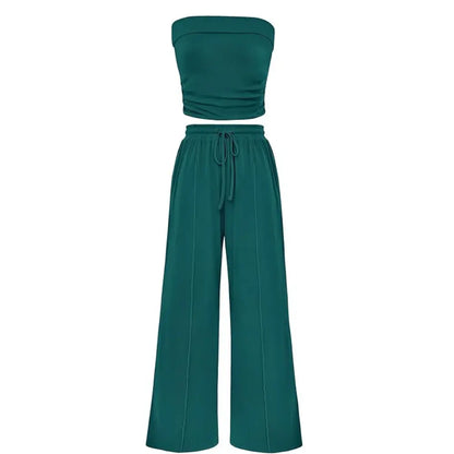 Women's Ribbed Strapless Bandeau Wide Leg Pants Two Piece Set Summer Vacation Outfit