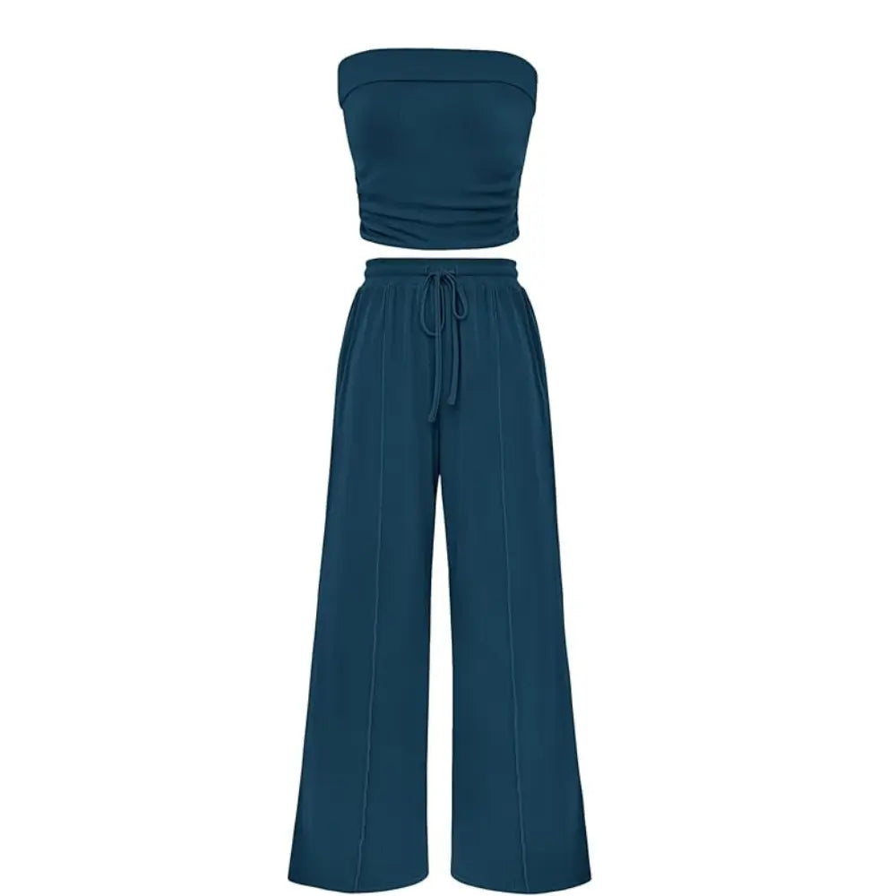 Women's Ribbed Strapless Bandeau Wide Leg Pants Two Piece Set Summer Vacation Outfit - Seldom Seen Styles