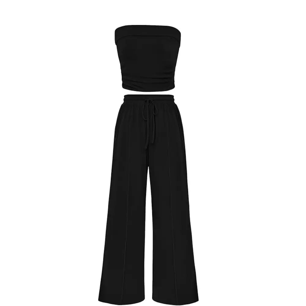 Women's Ribbed Strapless Bandeau Wide Leg Pants Two Piece Set Summer Vacation Outfit - Seldom Seen Styles
