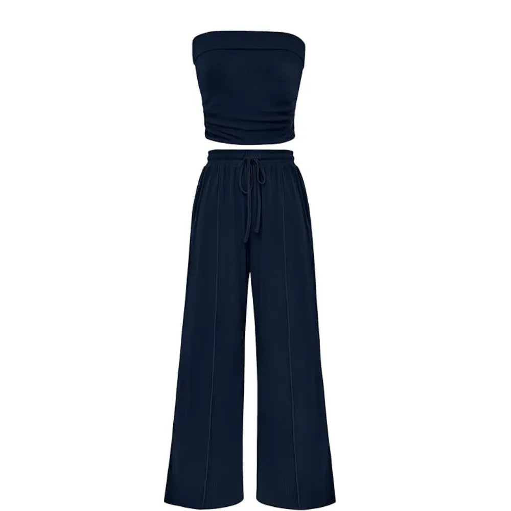 Women's Ribbed Strapless Bandeau Wide Leg Pants Two Piece Set Summer Vacation Outfit - Seldom Seen Styles
