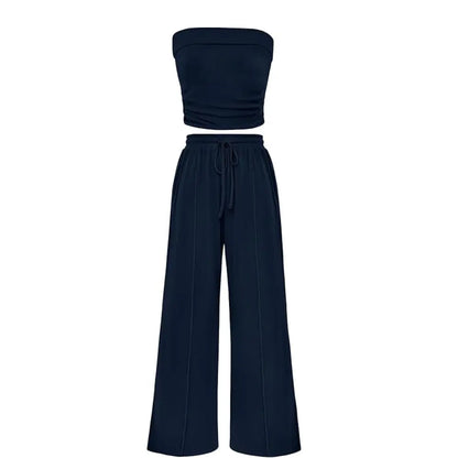 Women's Ribbed Strapless Bandeau Wide Leg Pants Two Piece Set Summer Vacation Outfit
